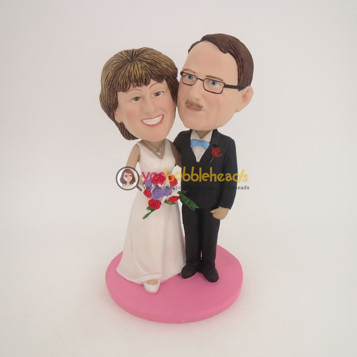 Picture of Custom Bobblehead Doll: Black Suit And White Wedding Dress Arm Behind Each Other Wedding Couple
