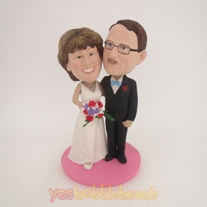 Picture of Custom Bobblehead Doll: Black Suit And White Wedding Dress Arm Behind Each Other Wedding Couple