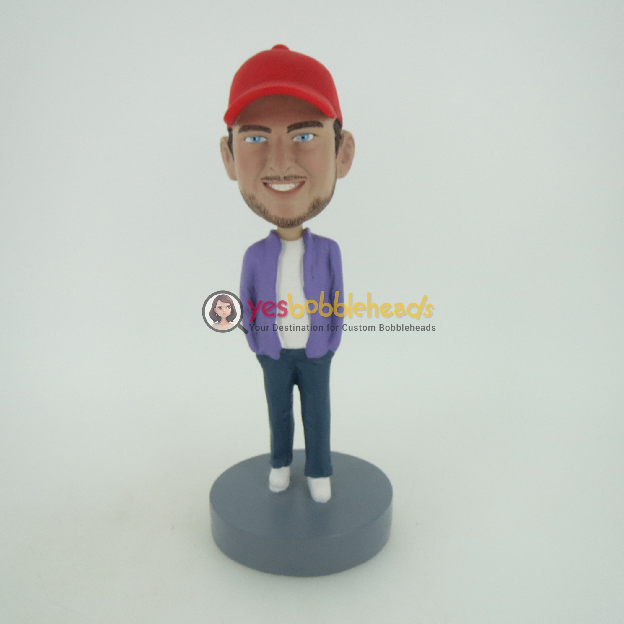 Picture of Custom Bobblehead Doll: Casual Man In Red Hat With Hands In Pockets