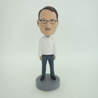 Custom Bobblehead Doll: Casual Man In White And Blue With Glass 