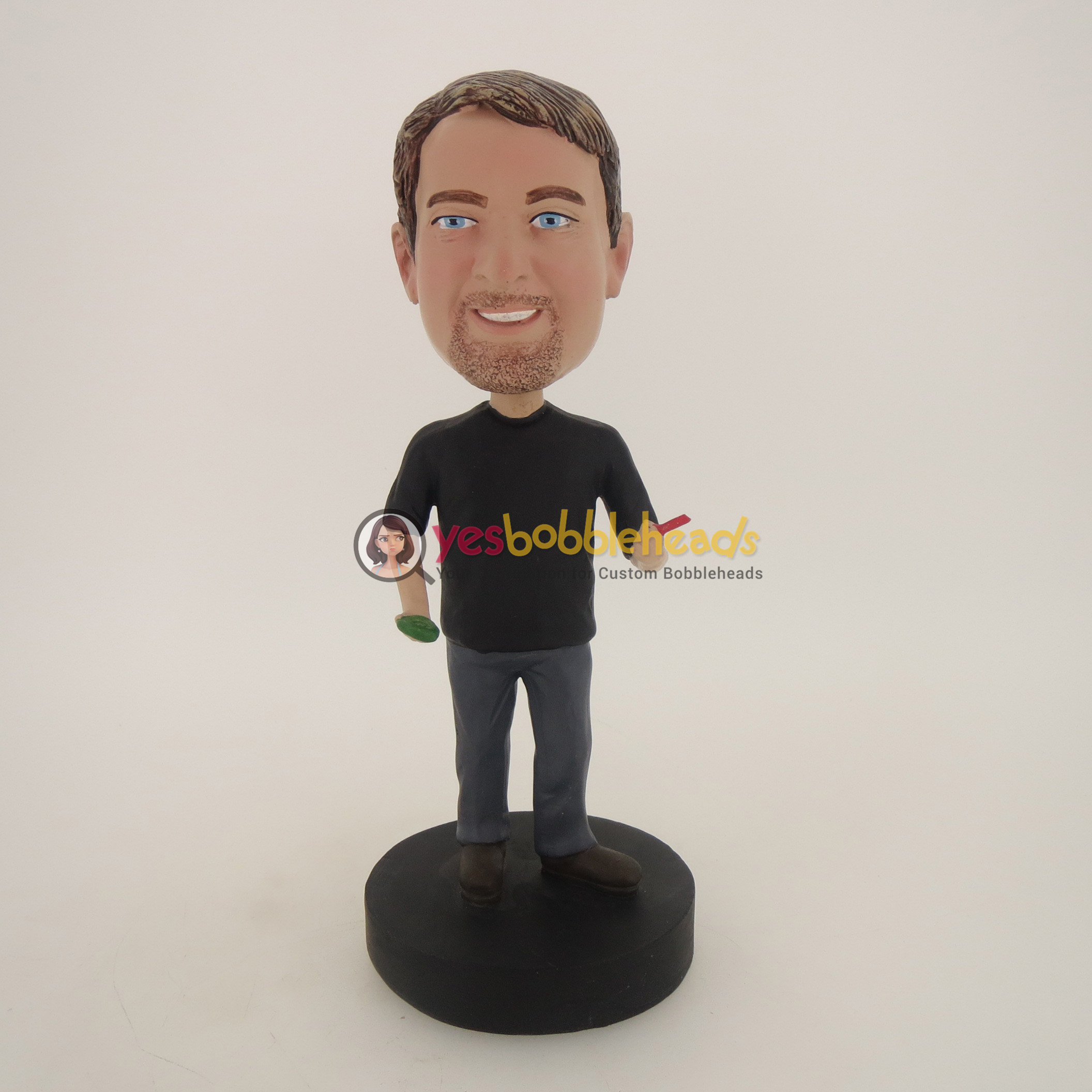 Picture of Custom Bobblehead Doll: Casual Man With Geen And Red In Hands