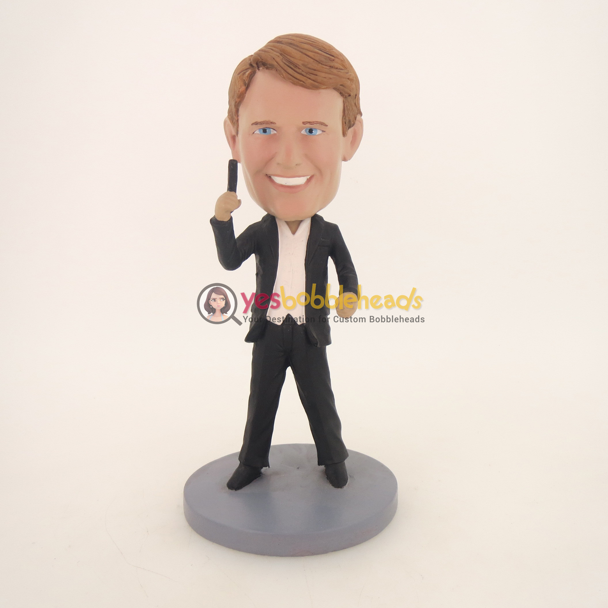 Picture of Custom Bobblehead Doll: Happy Man Holding Up Something Cool