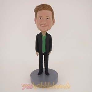 Picture of Custom Bobblehead Doll: Man In Black Jacket With Inner Green TShirt