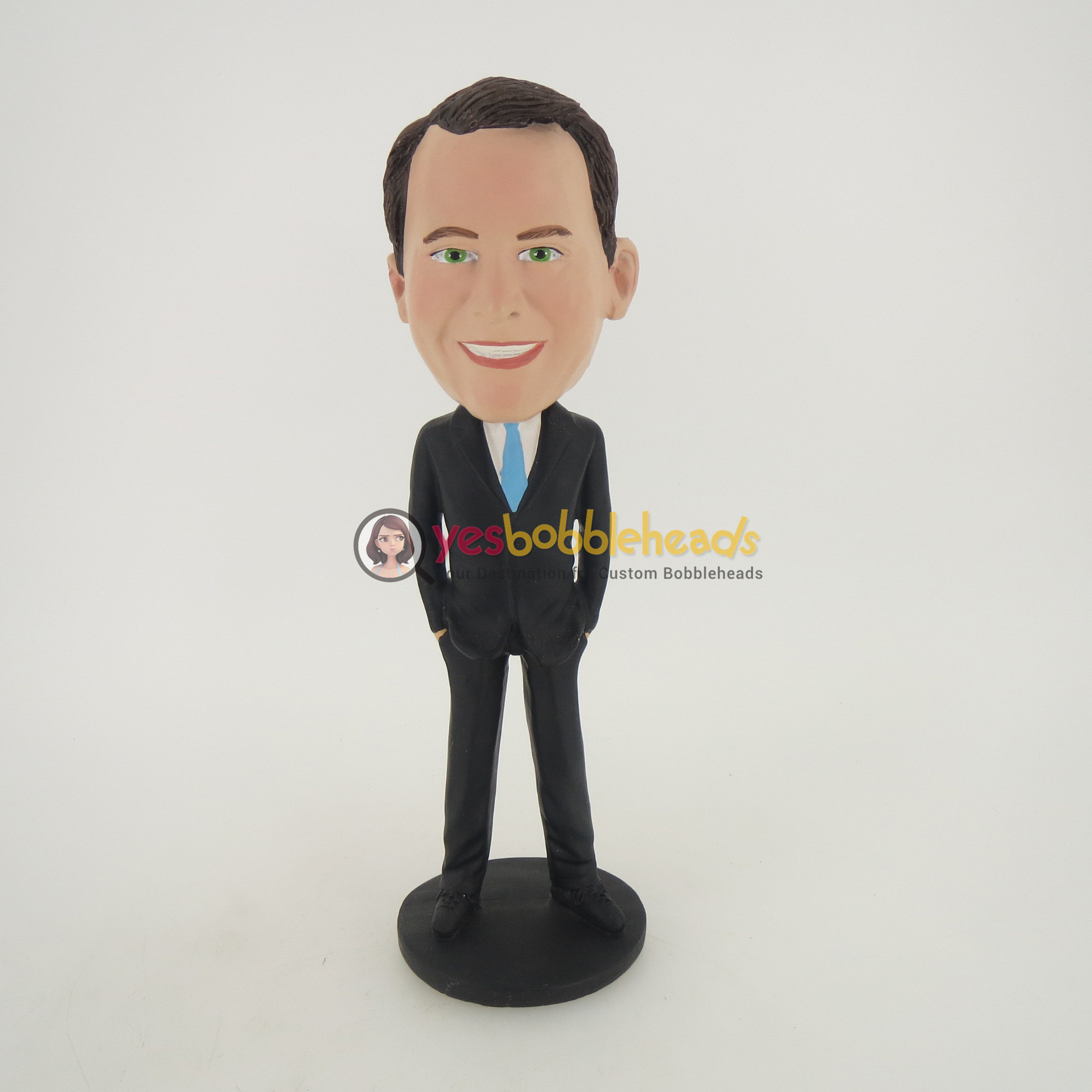 Picture of Custom Bobblehead Doll: Man In Black Suit And Blue Tie