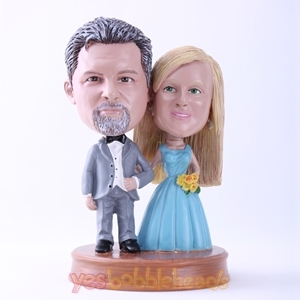 Picture of Custom Bobblehead Doll: Gray Suit Groom and Blue Dressed Bride