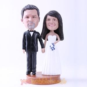 Picture of Custom Bobblehead Doll: Black Suit Groom and White Dressed Bride for Wedding