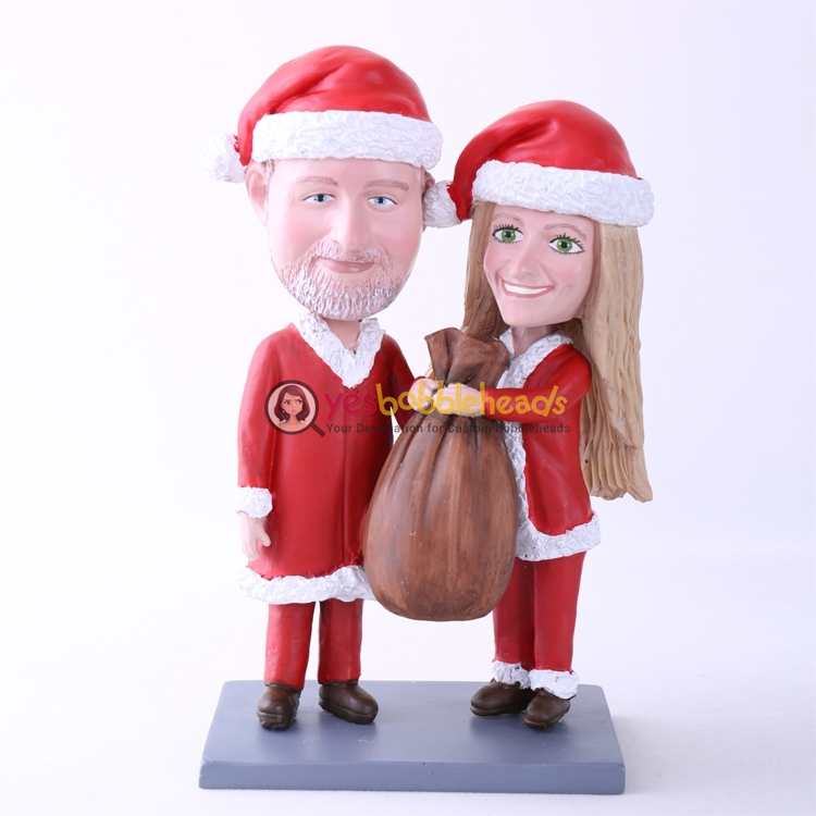 Picture of Custom Bobblehead Doll: Santa Couple Holding Gift Bag