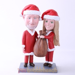 Picture of Custom Bobblehead Doll: Santa Couple Holding Gift Bag
