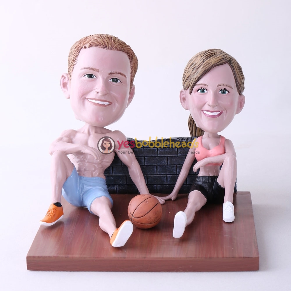 Picture of Custom Bobblehead Doll: Couple Sitting On The Floor With Basketball