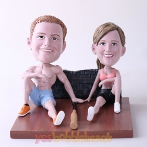 Picture of Custom Bobblehead Doll: Couple Sitting On The Floor With Bat