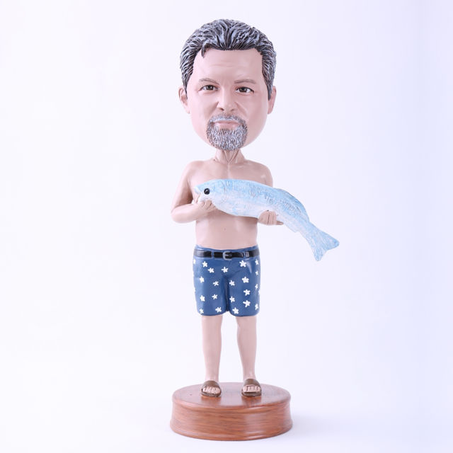 Picture of Custom Bobblehead Doll: Man Holding A Fish (About 9" Tall)