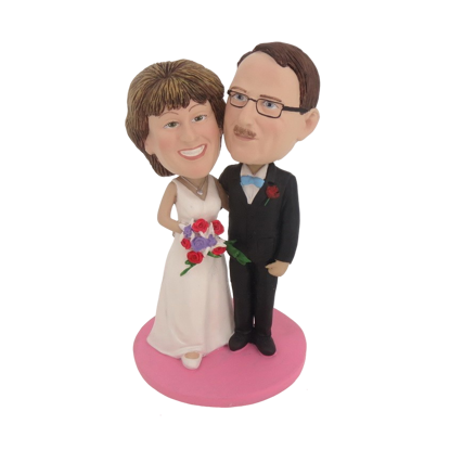 Picture of Custom Bobblehead Doll: Black Suit And White Wedding Dress Arm Behind Each Other Wedding Couple
