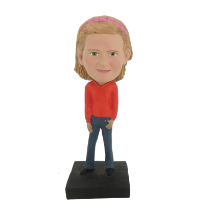 Picture of Custom Bobblehead Doll: Girl In Orange Dress And Blue Jeans