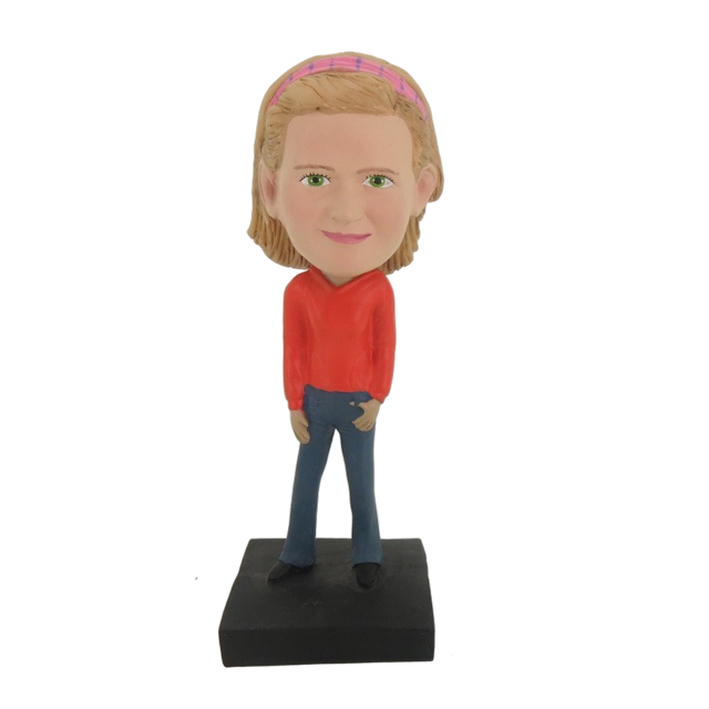 Picture of Custom Bobblehead Doll: Girl In Orange Dress And Blue Jeans