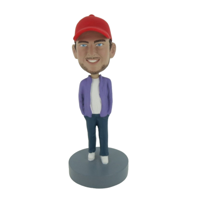 Picture of Custom Bobblehead Doll: Casual Man In Red Hat With Hands In Pockets