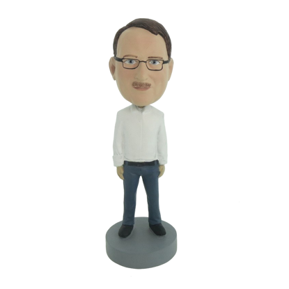 Picture of Custom Bobblehead Doll: Casual Man In White And Blue With Glass