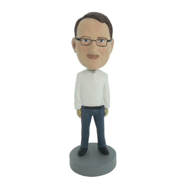 Picture of Custom Bobblehead Doll: Casual Man In White And Blue With Glass