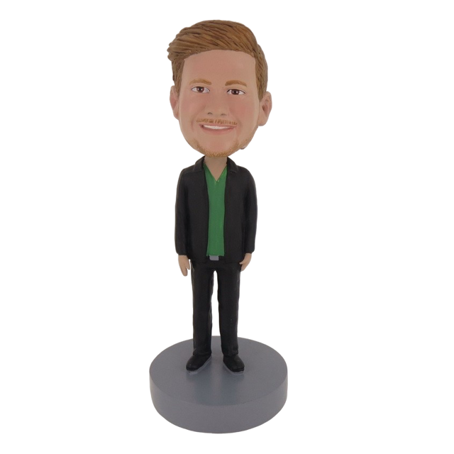 Picture of Custom Bobblehead Doll: Man In Black Jacket With Inner Green TShirt