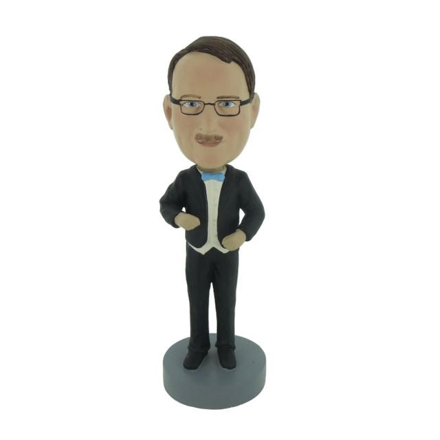 Picture of Custom Bobblehead Doll: Man In Black Suit With Blue Bow